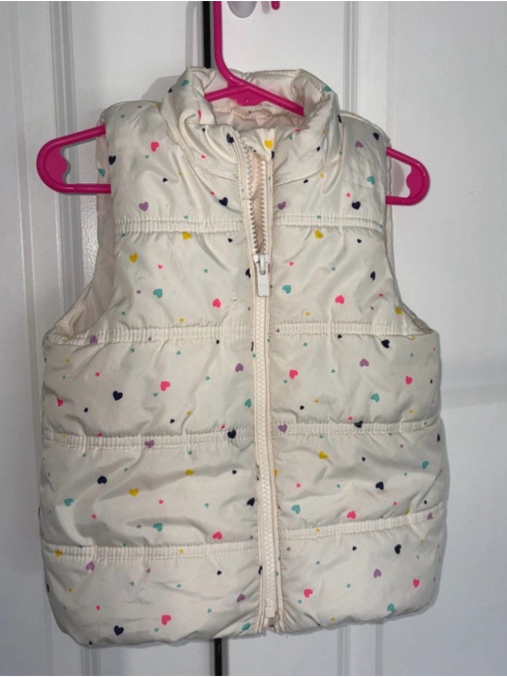 GAP Cream Puffer Vest with Multi-Color Hearts